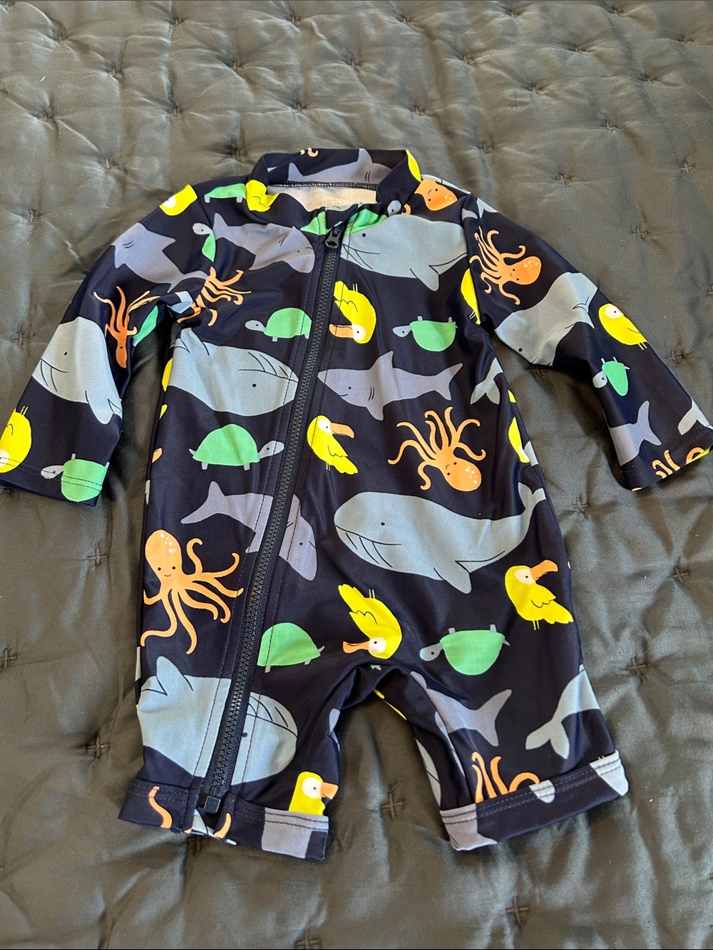 Kids Navy Ocean Animal Zip-Front Rashguard Suit - Yellow & Green Print